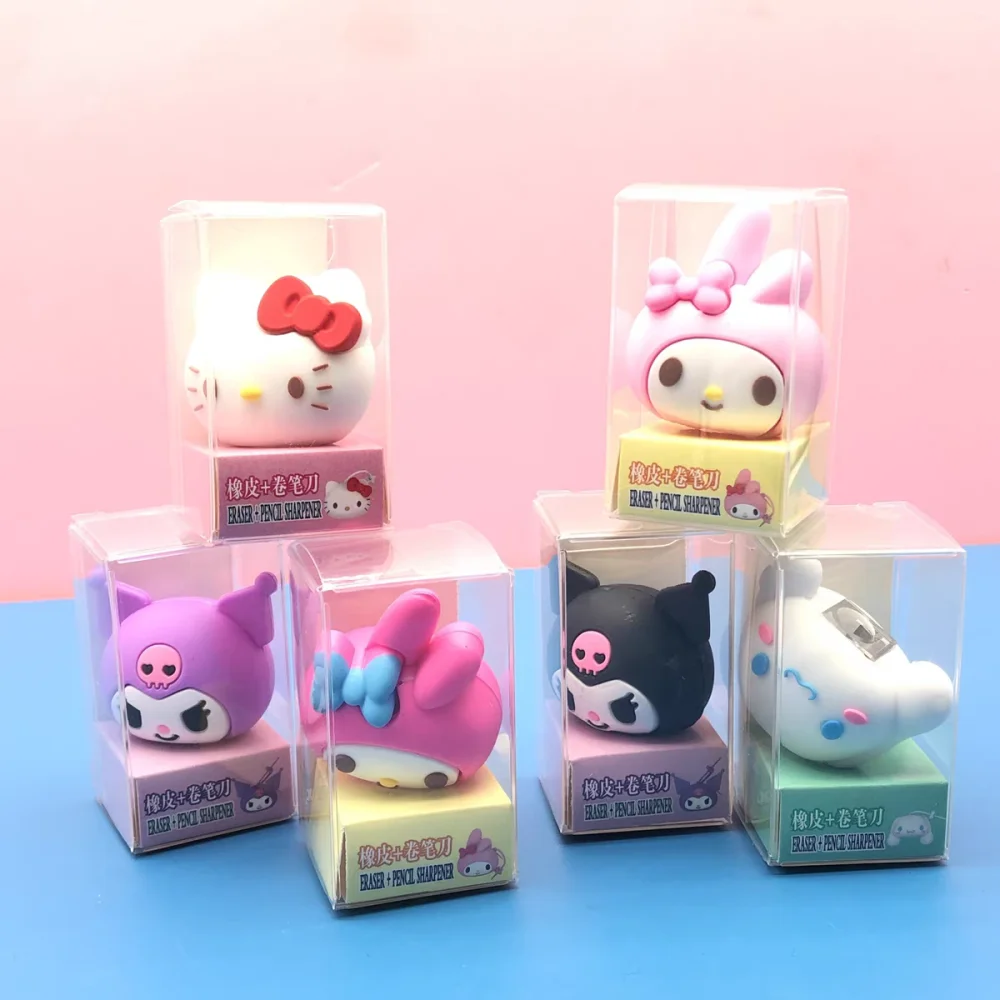 

6 шт. Kawaii Sanrio Hello Kitty Kuromi ластик точилка мультфильм Cinnamoroll Melody школьные канцелярские принадлежности студенческие призы