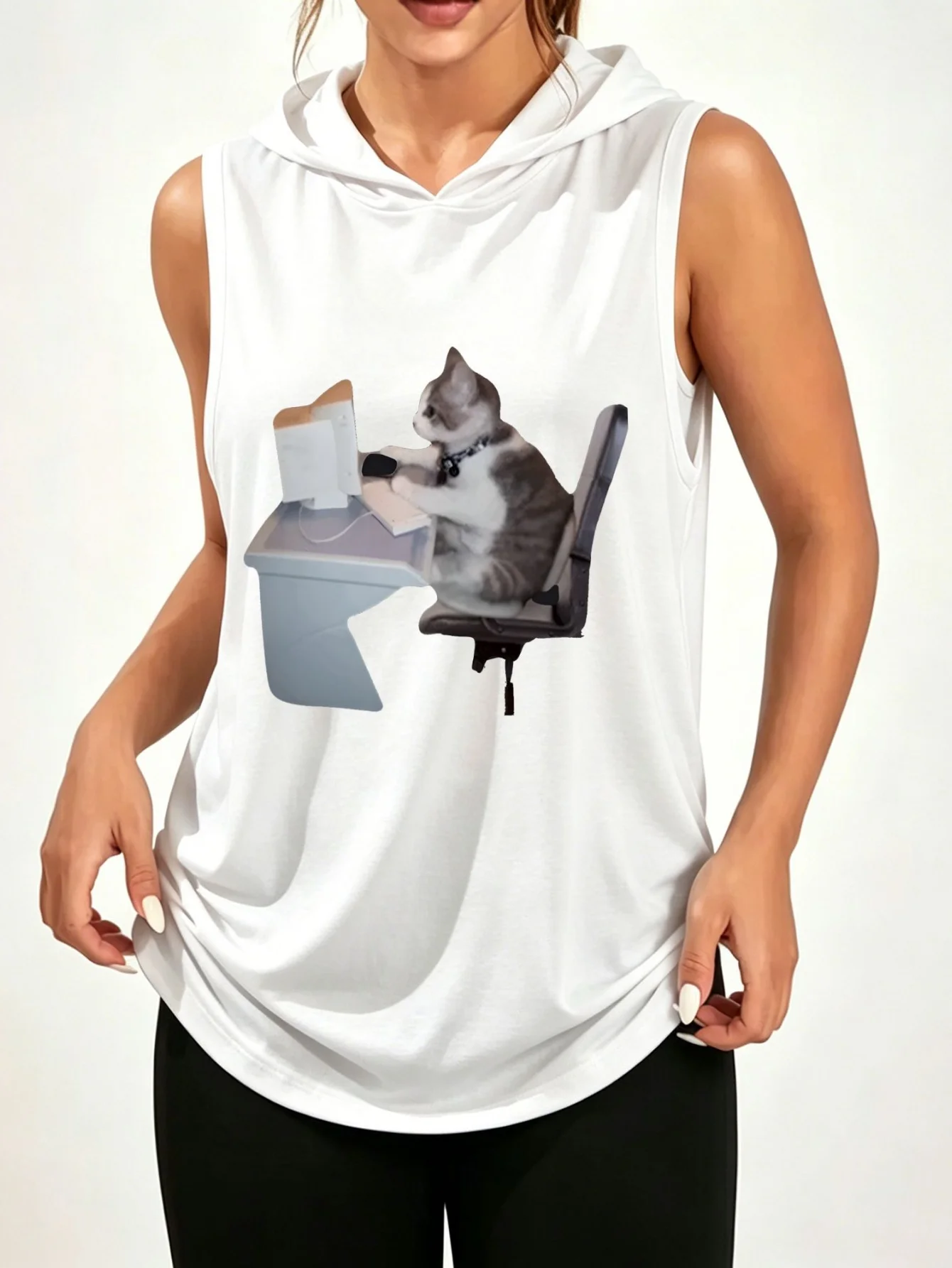 Unisex Funny Working Cat Computer Meme Print Sleeveless Hooded Tank Top Cute Kitten Casual Hood Vest