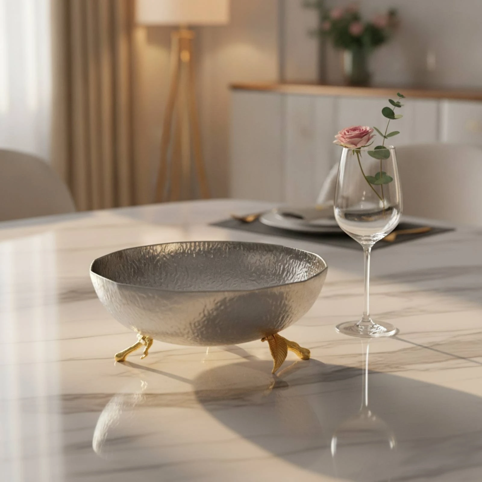 

Decorative Metal Bowl with Stand Sculptural Stainless Steel Bowl Textured Classic for Home Decorators, Dining Table Centerpiece