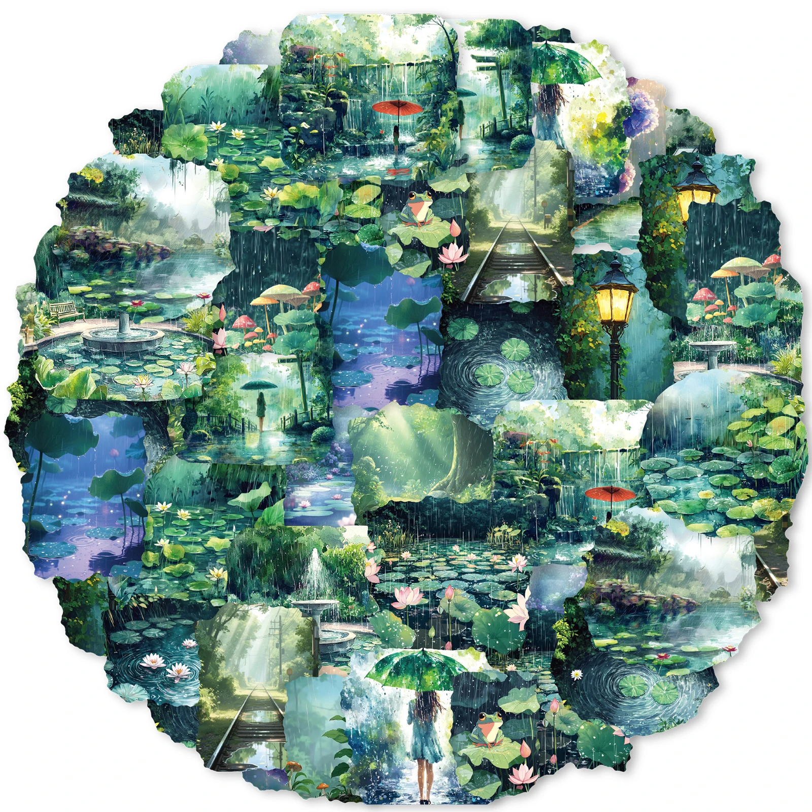 40 Uds. De pegatinas de escena de lluvia de loto de campo para ordenador portátil, equipaje, fundas de teléfono, diario, decoración del hogar, paquete de pegatinas de juguete clásico para niños