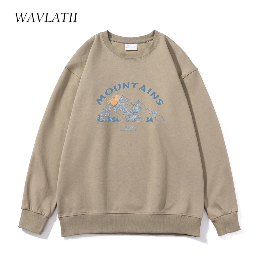 WAVLATII 2022 New Women Black Sporty Sweatshirts Female Dark Grey Casual Mountains Printed Hoodies White Oversized Tops WH2223