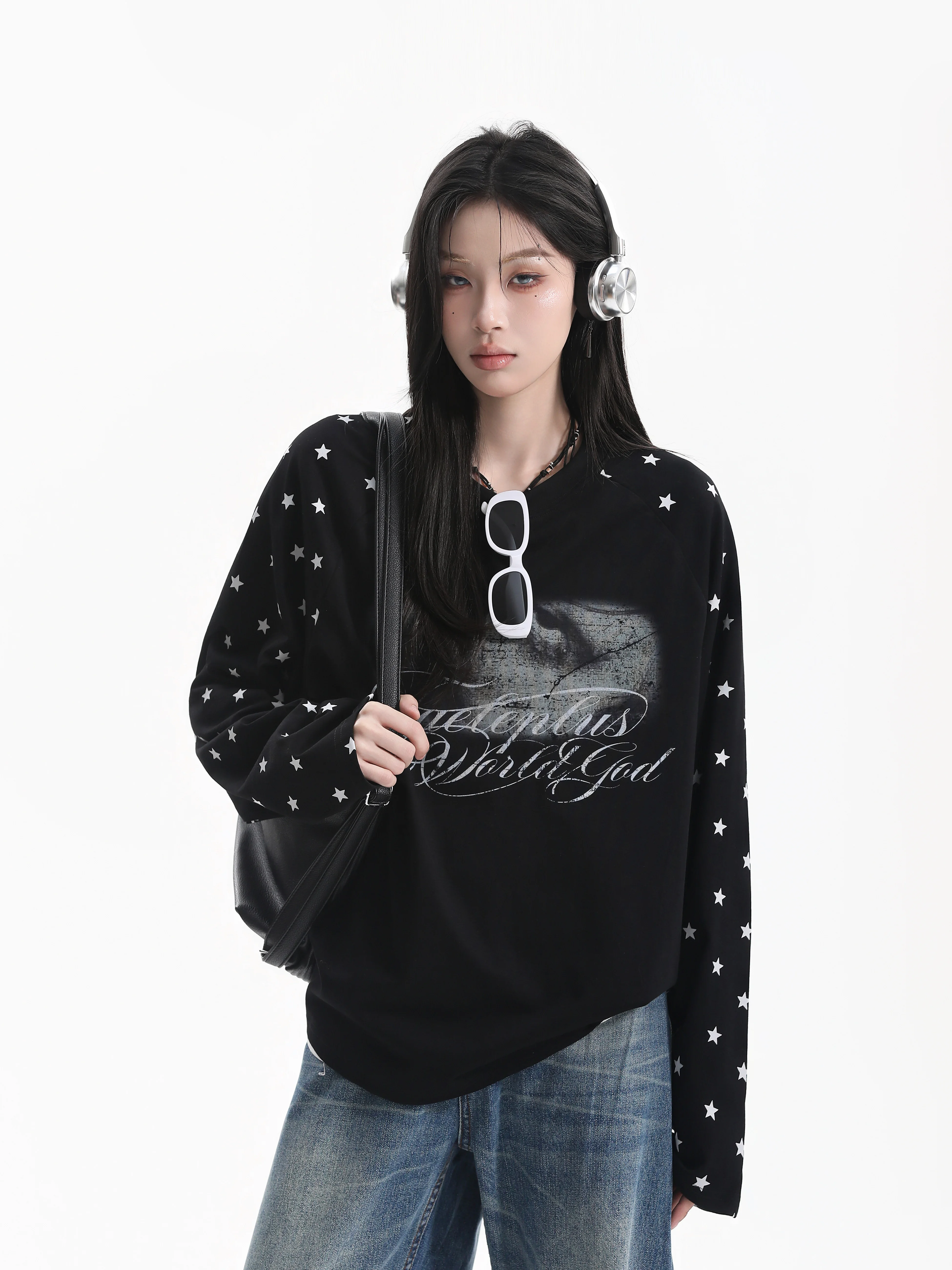 American Style Long Sleeve T-Shirt Women's Patchwork Shoulder Insert Star Print Casual Loose Fit Cotton Top for Ladies