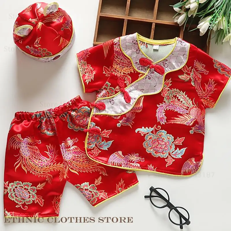 Baby Tang Suit Chinese Traditional Costume Brocade Hanfu Oriental Top Pants Set Spring Festival Hundred Days One Year Outfit