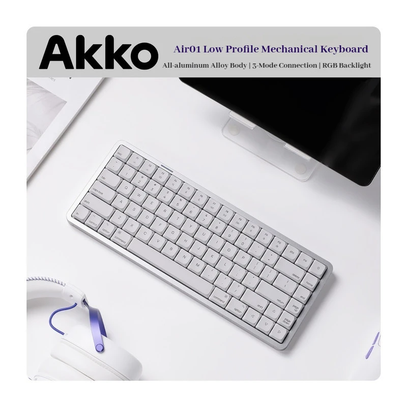 Akko Air 01 Low Profile Mechanical Keyboard Cnc Tri-Mode Carved Full Aluminum 84 Keys Rgb Backlight For Office Gaming Keyboard