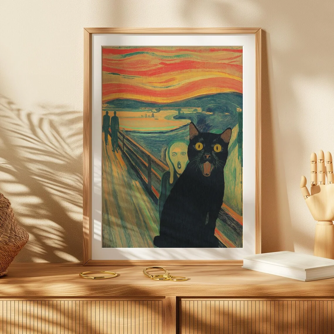 Edvard Munch Style Cat Wall Print Decor - Humorous Parody Illustration of a Black Cat Photobombing Edvard Munch's 