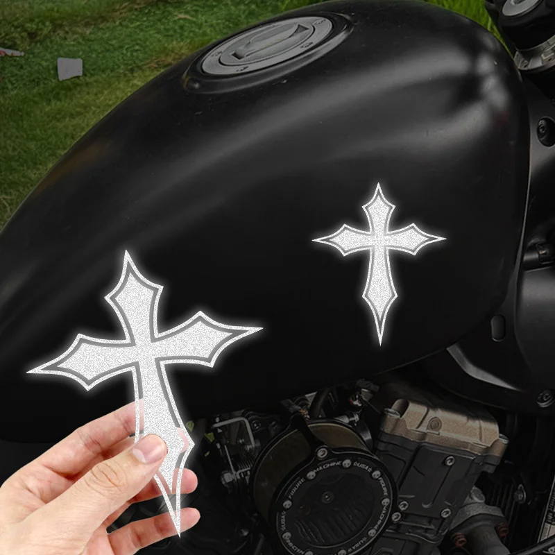 Reflective Gothic Cross Motorcycle Sticker Set 2PCS Waterproof Vinyl Decal Fairing Helmet Tank Scooter Decor