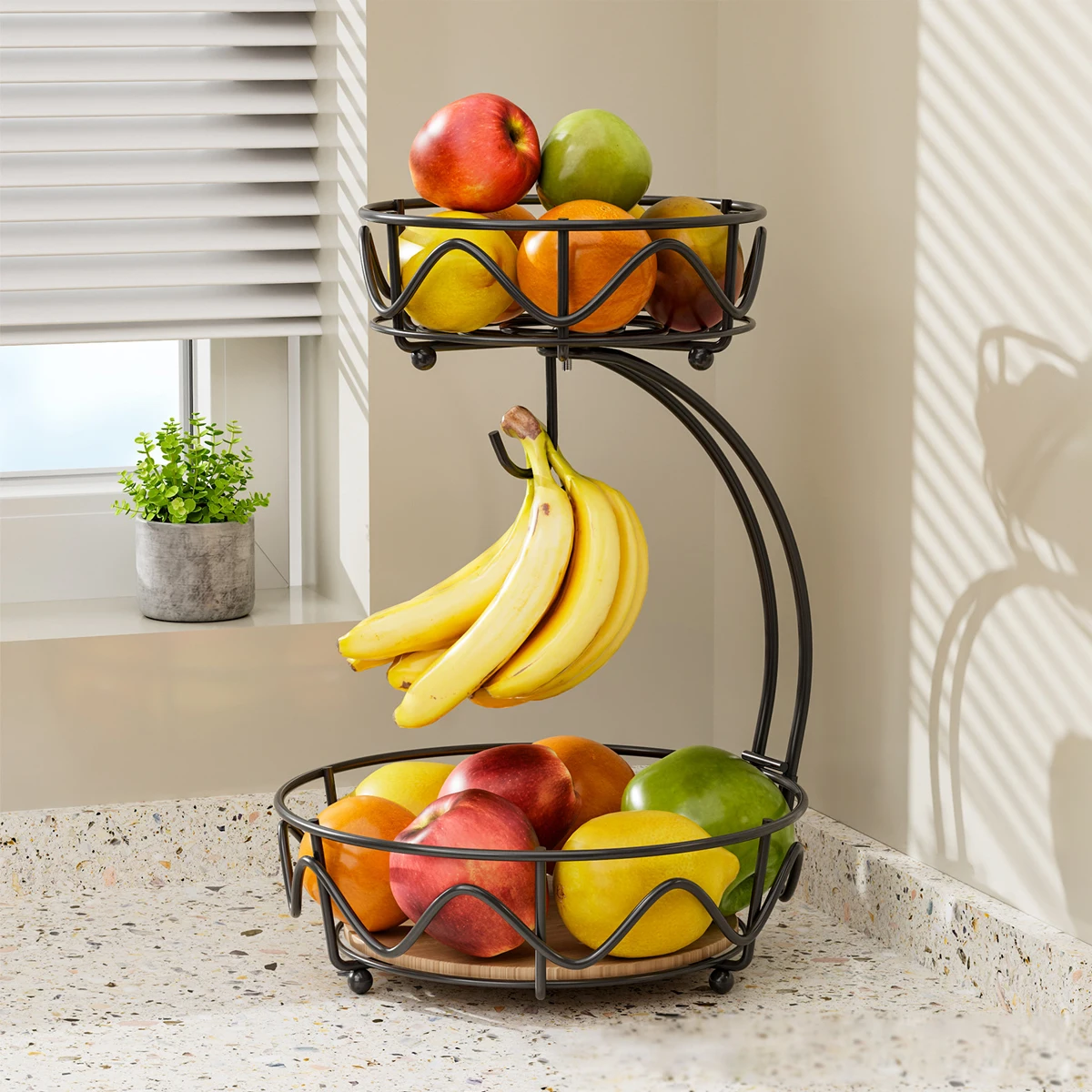 Cesta de Frutas de 2 Niveles para Cocina con Gancho para Plátanos, Organizador de Frutas Redondo de Metal Ondulado con Base de Madera para Encimera