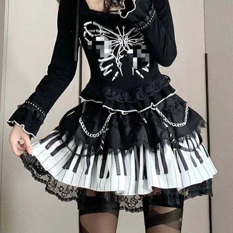 Japanese Style Pinao Black White Skirt Y2K Punk Kpop Mini Medieval Skater 90s Vintage Ruffle Cake Subculture Cake Party Skirts