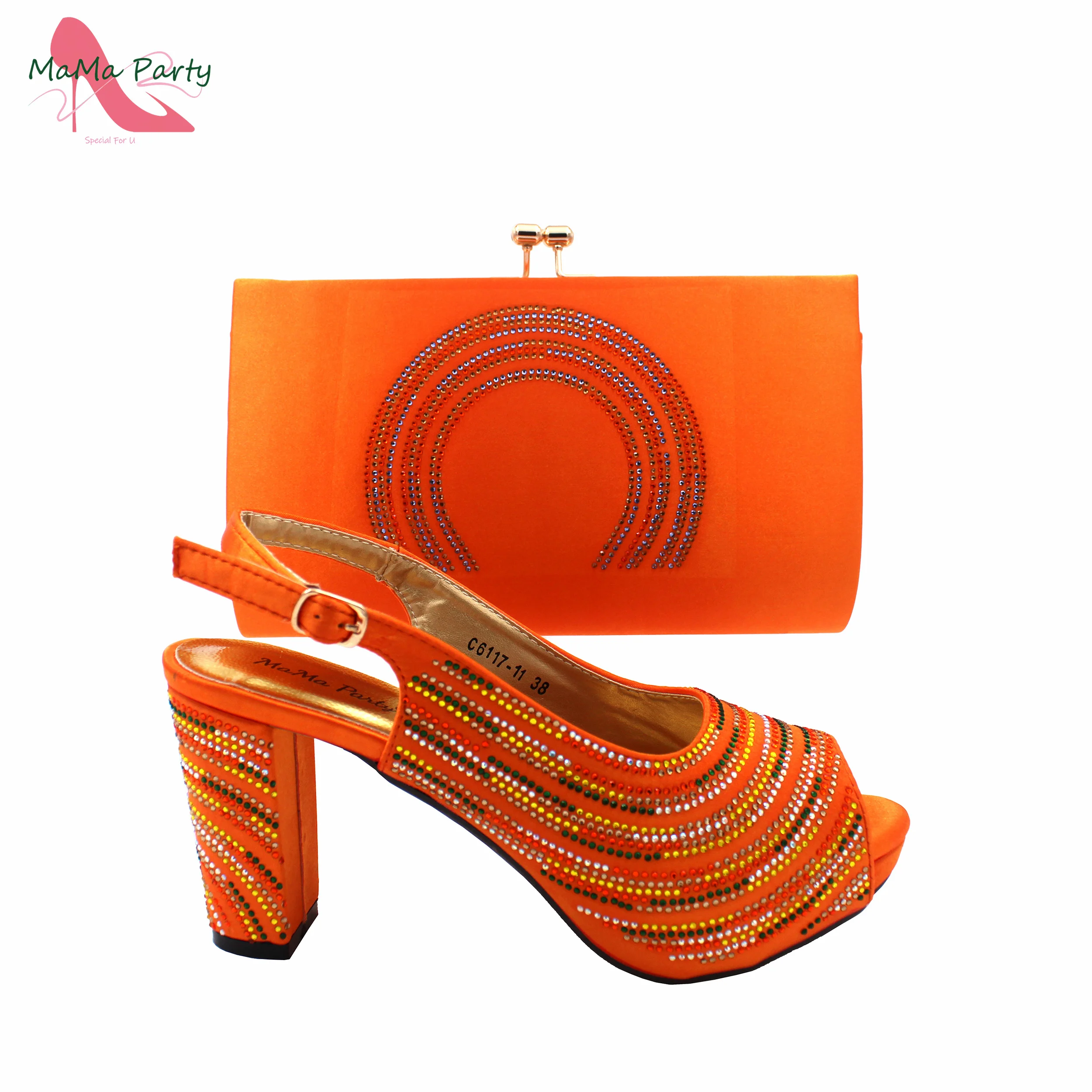 Décolleté maturi di colore arancione Design africano da donna Scarpe e set di borse abbinate con sandali di alta qualità con plateau per matrimonio