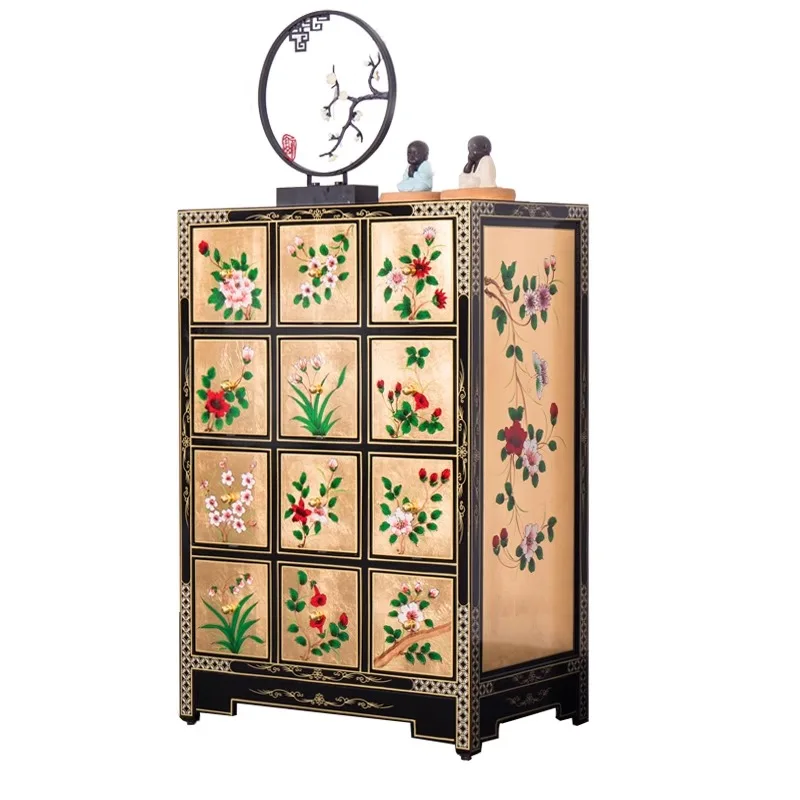 Chinese painted furniture clearance multi-drawer storage cabinet side cabinet chest bedroom bedside table retro gold foil cabine