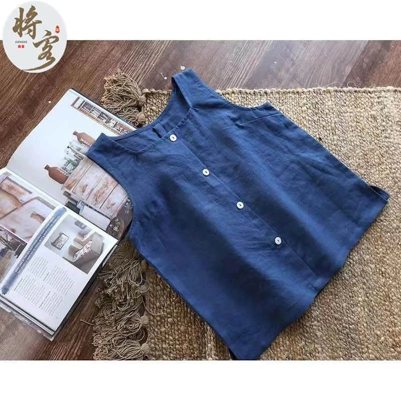 

100% Cotton Linen Vest Women Tops Summer Korean Fashion Casual Loose Asymmetric Button Design Tanks Square Neck Women Clothing