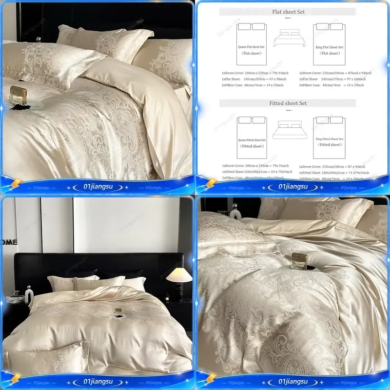 Luxury Egyptian Cotton Satin Jacquard Bedding Set 1000TC Patchwork Duvet Cover Flat Fitted Sheet Pillowcases 4 Piece Home