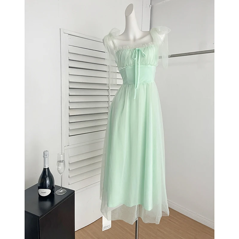 

Green Mesh Camis Dress Women Summer Beach Vacation Long Spaghetti Strap Dress Korean Fashion Sweet Harajuku Female Vestidos
