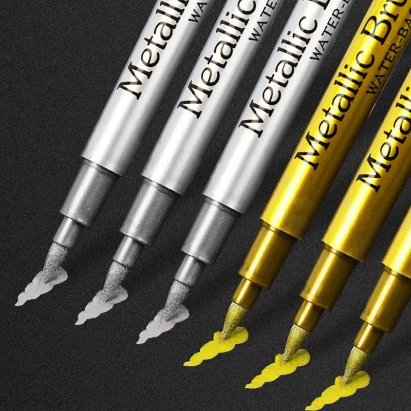3pcs Metallic Marker Pens, Gold Silver White Waterproof Permanent Brush Paint Marker Pen DIY Drawing Manga Crafts Art Supplies