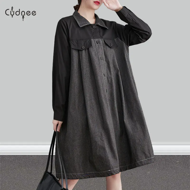 Women's Long Sleeve Denim Midi Shirt Dress Casual Tunic Dress Collared Blouse Dress