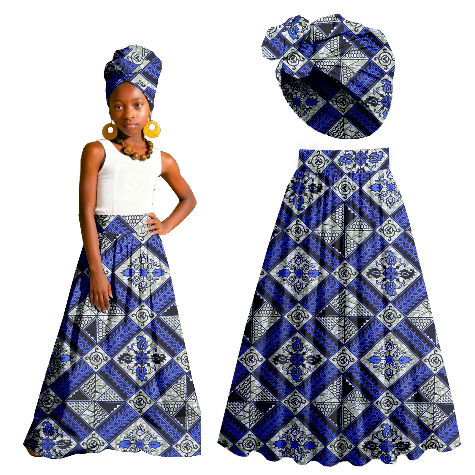 تنانير Bayby Girl ملابس أفريقية مطبوعة فستان ماكسي Dashiki Anakra ملابس للأطفال مع غطاء للرأس