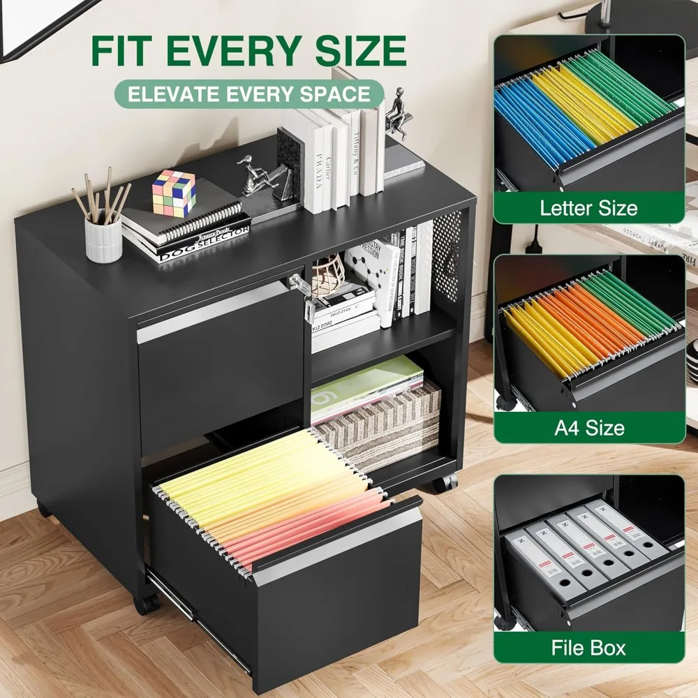 خزانة ملفات جانبية متنقلة، خزانة ملفات ذات درجين مع قفل تناسب مقاس A4/F4 أو حرف للمكتب المنزلي، #4