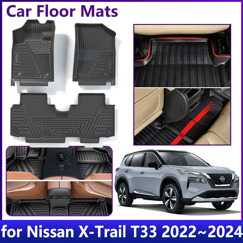 Car Accessories For Nissan X-Trail T33 2022 2023 2024 Floor Mat Waterproof Universal Leather TPE Foot Mat LHD Carpet Cushion Pad