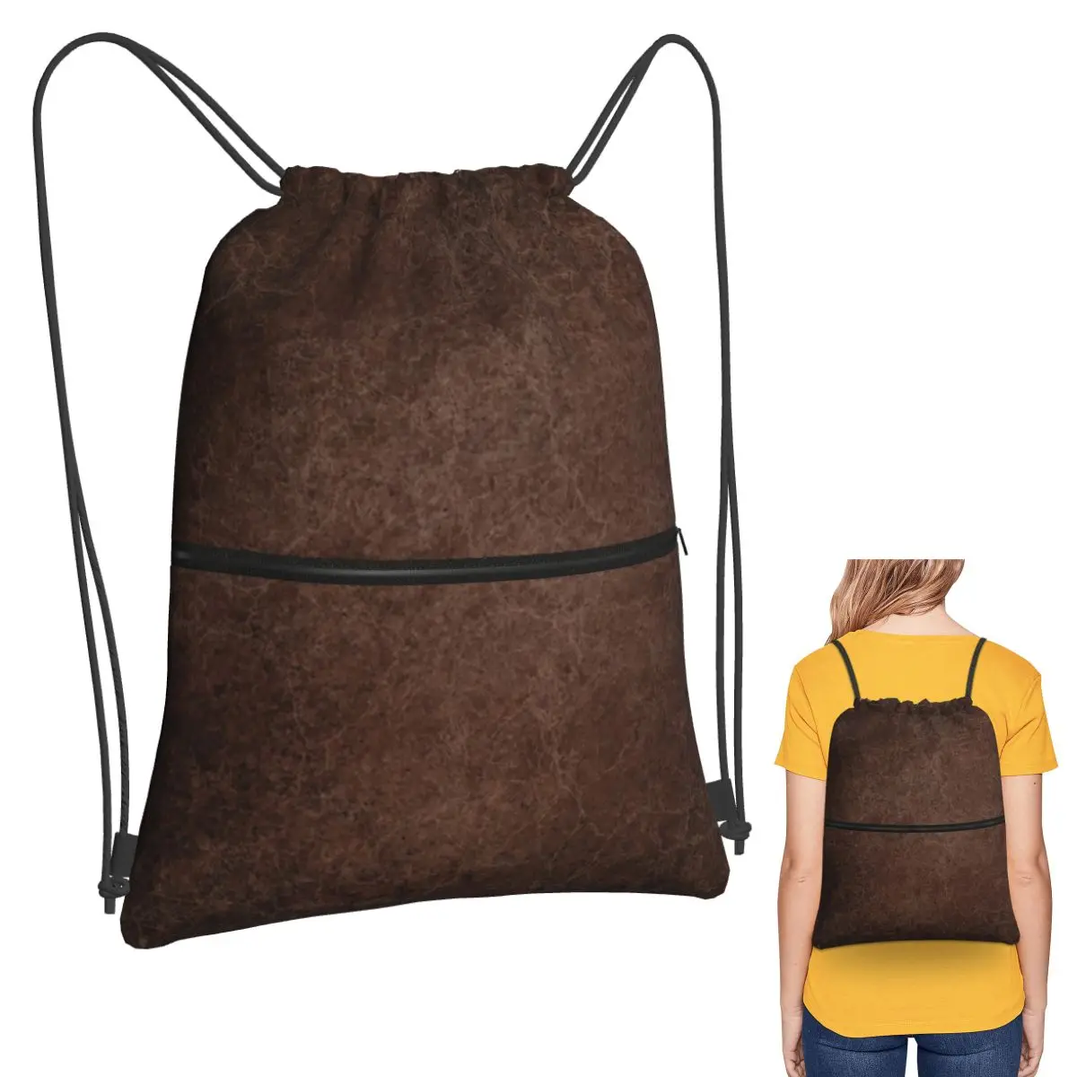 Brown Leather Vintage Textures Pattern Backpacks Portable Drawstring Bundle Pocket Sports Bag Book Bags for Man Woman School