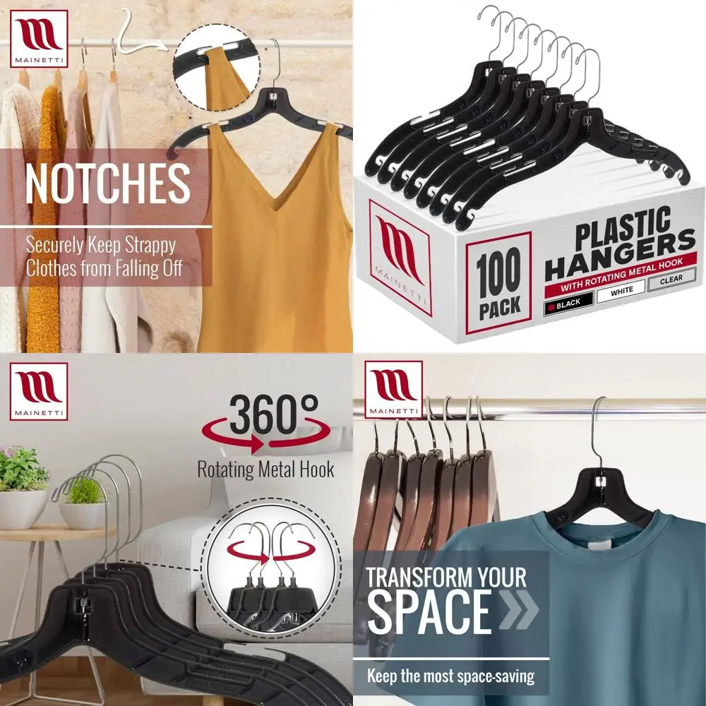 

100-Pack 17-Inch Black Plastic Hangers with 360° Swivel Hooks and Notches for Various Garments