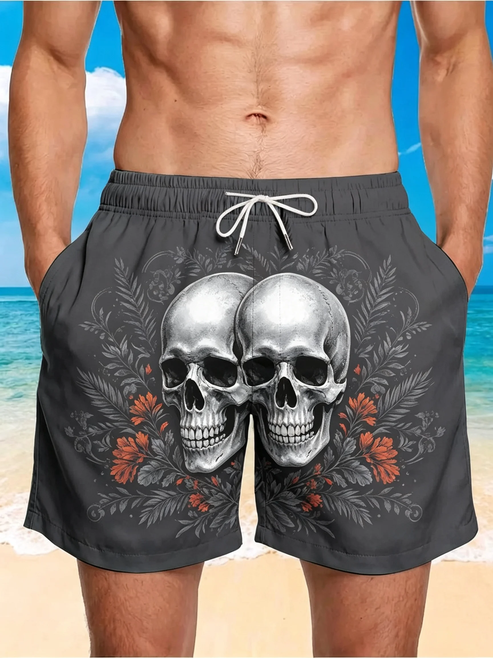Men's Vintage Double Skull Floral Quick Dry Swim Trunks Drawstring Beach Shorts For Beach Surf Daily Summer