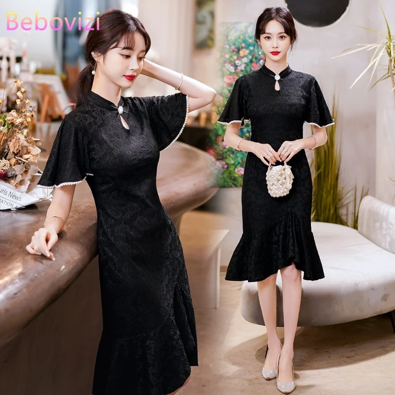 Verão preto manga curta qipao tradicional chinês roupas 2022 nova moda moderna tendência cheongsam vestido de renda para as mulheres