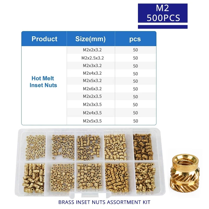 M2 M2.5 M3 M4 M5 M6 Brass Heat Set Insert Nut Hot Melt Nutinsert Thread Knurled Double Twill Embedment Copper Nut Assortment Kit