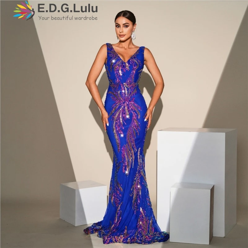 

EDGLuLu Sexy Backless Blue Print Sequins Elegant Party Dresses 2024 Woman V-Neck Sleeveless Maxi Long Mermaid Dresses 0721