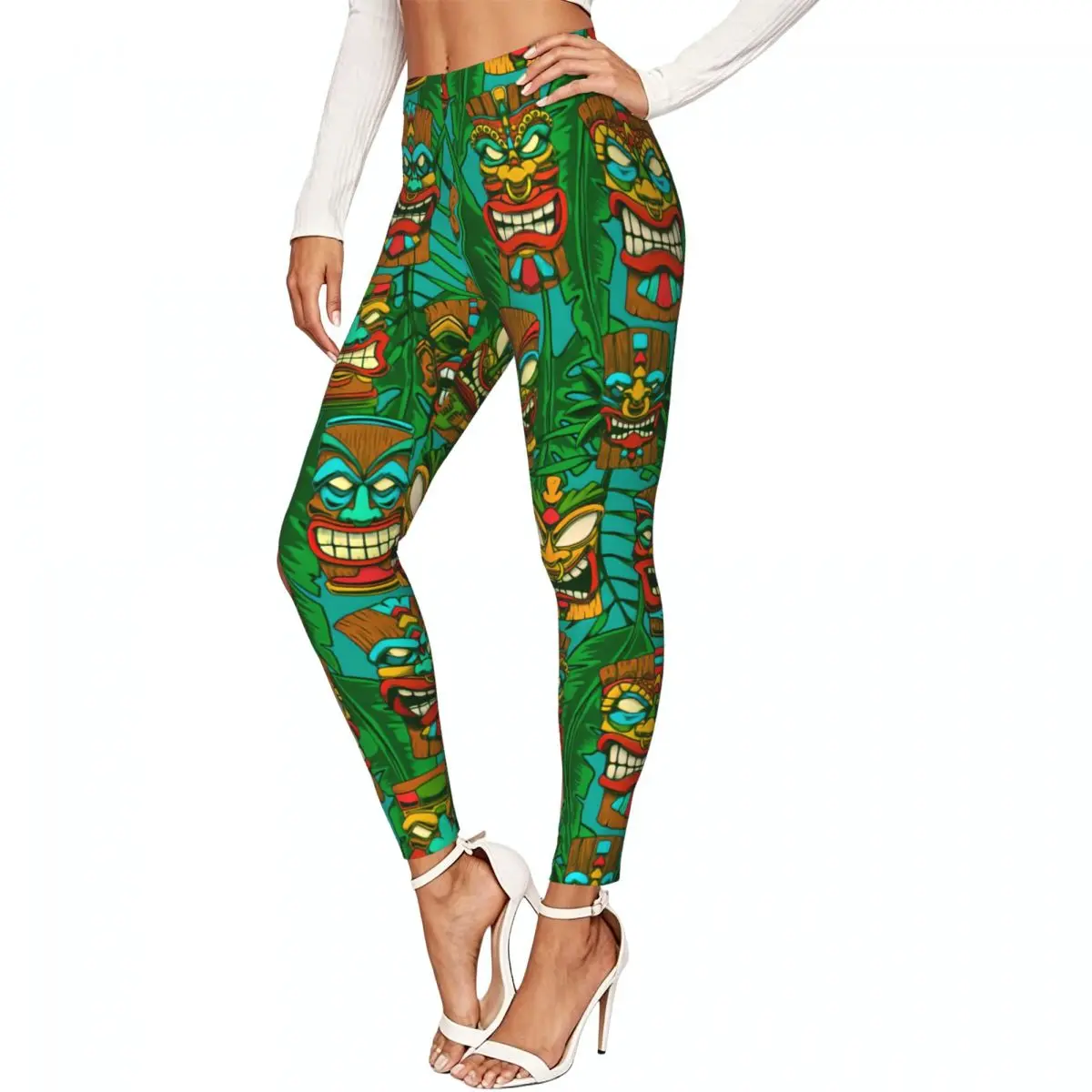 Tiki Idols And Palm Leaves Element Women Stretchy Leggings High Elastic Comfortable Fitness Yoga Pants