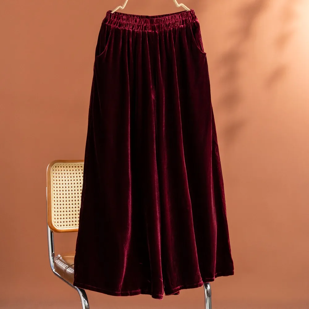 Light Luxury 30% Natural Mulberry Silk Velvet Pants, Women's Wine Red Versatile Wide Leg Pants, 2026 Fashionable Spring New