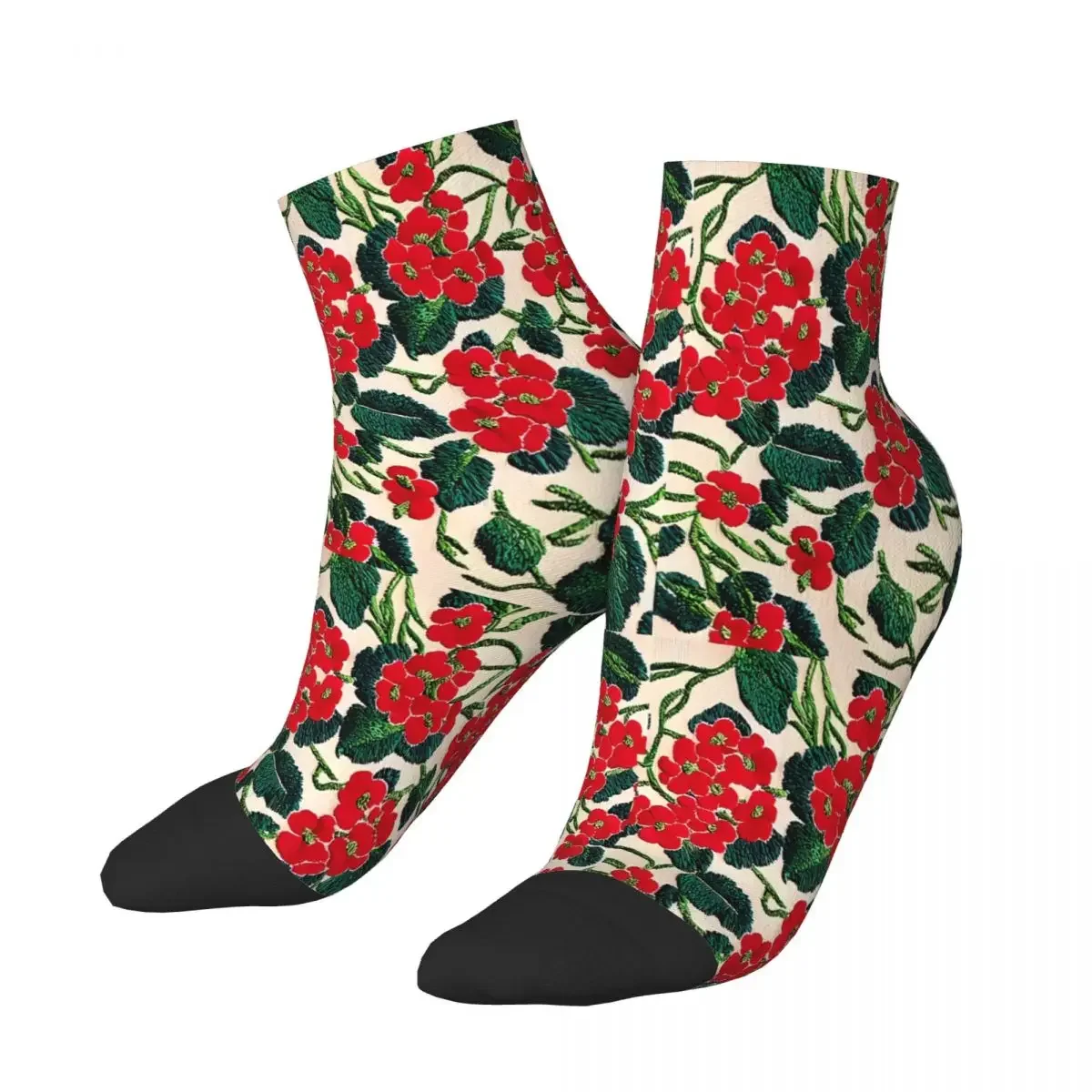 Red Begonia Embroidery Flowers Ankle Socks Male Mens Women Spring Stockings Hip Hop