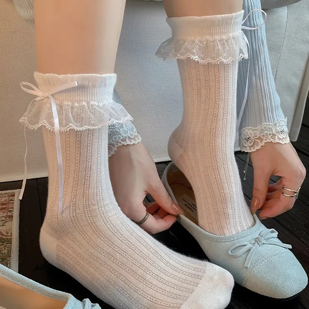 Comfortable Ribbon Bow Lace Ruffle Socks Lace Trim Thin Breathable Mid-Calf Socks Ballet Style Socks Women