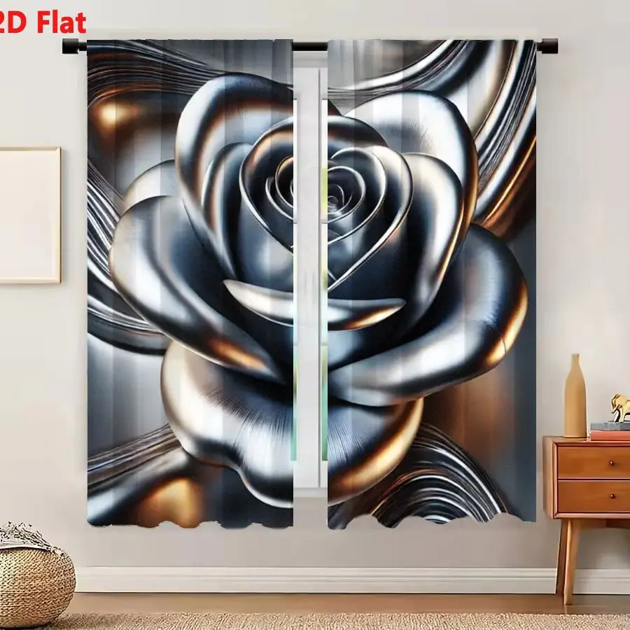 2Pcs Curtains 2D Flat Highly Detailed 3D-Rendered Silver Metallic Rose With Golden Highlights And Swirling Ribbon-Like Structure