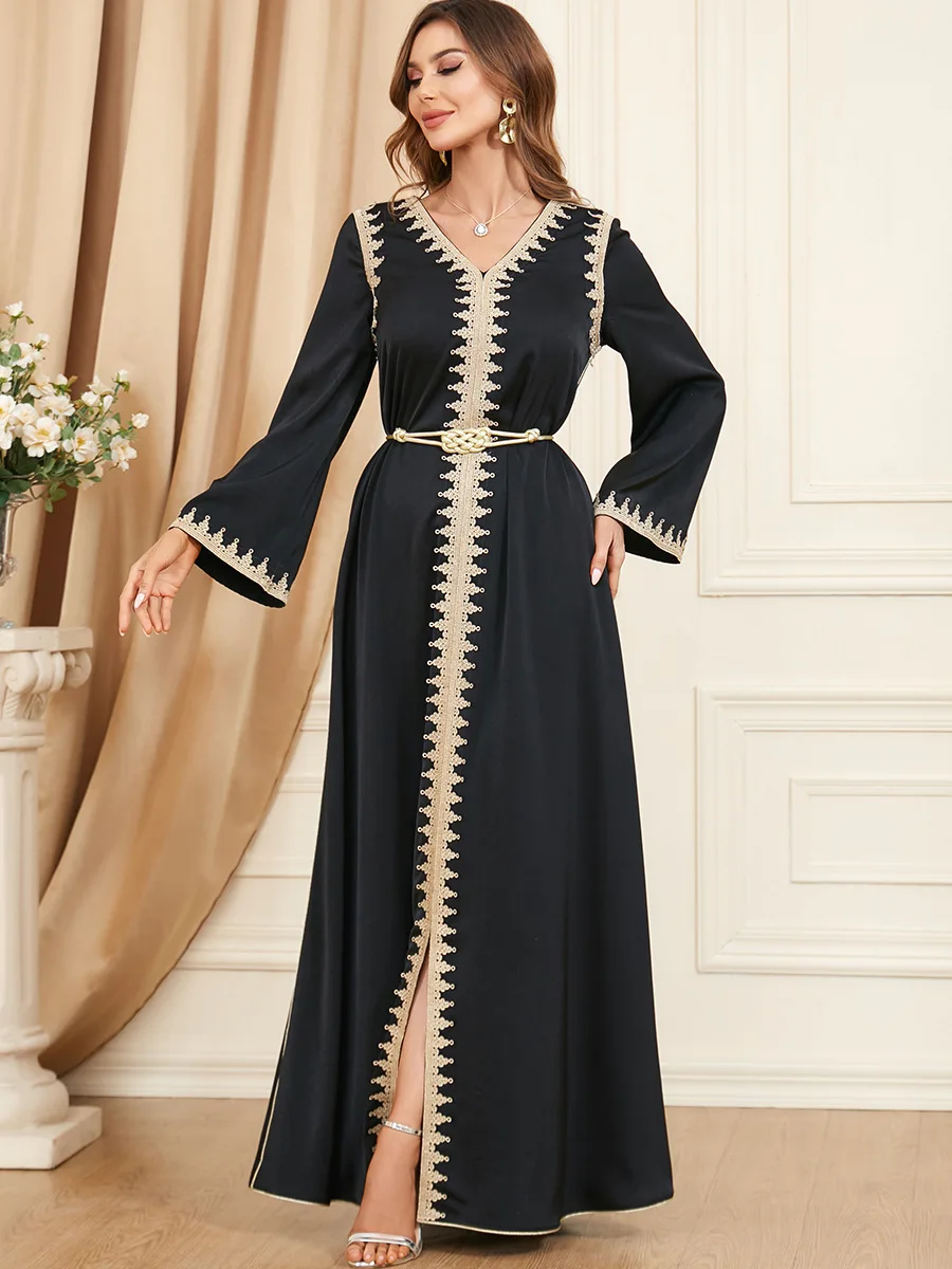 Middle Eastern Arab Muslim  Graceful Women Autumn Winter Abaya Dress Full Sleeves Satin Belt Elegant Dubai Kaftan Robe Gowns