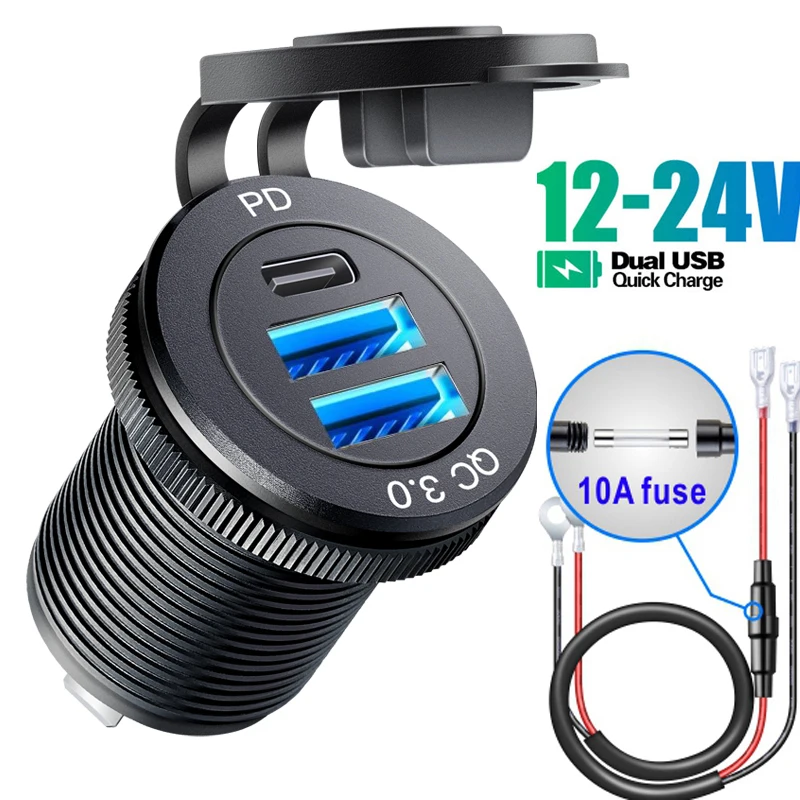 12V 24V USB Outlet PD Type C Car Charger Socket QC3.0 Dual Ports 54W USB C Triple 12V USB Socket Car Charger with LED