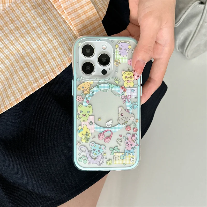 Kawaii Cartoon Animal Magnetic Phone Case dla iPhone 16 Pro 15 14 13 Pro Max Cover z Magsafe Stand Grip Tok Shockproof Cases