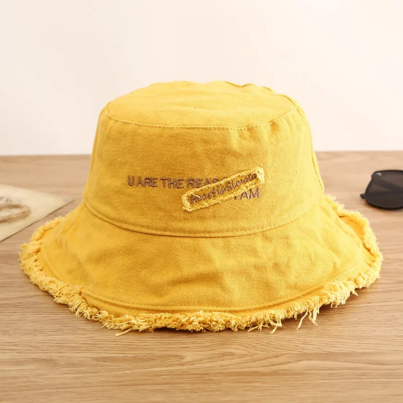 Female Fisherman\'s Hat Canvas Sunshade Letter Patch Tassel Caps for Women Fashion Solid Color Hat for Vacation