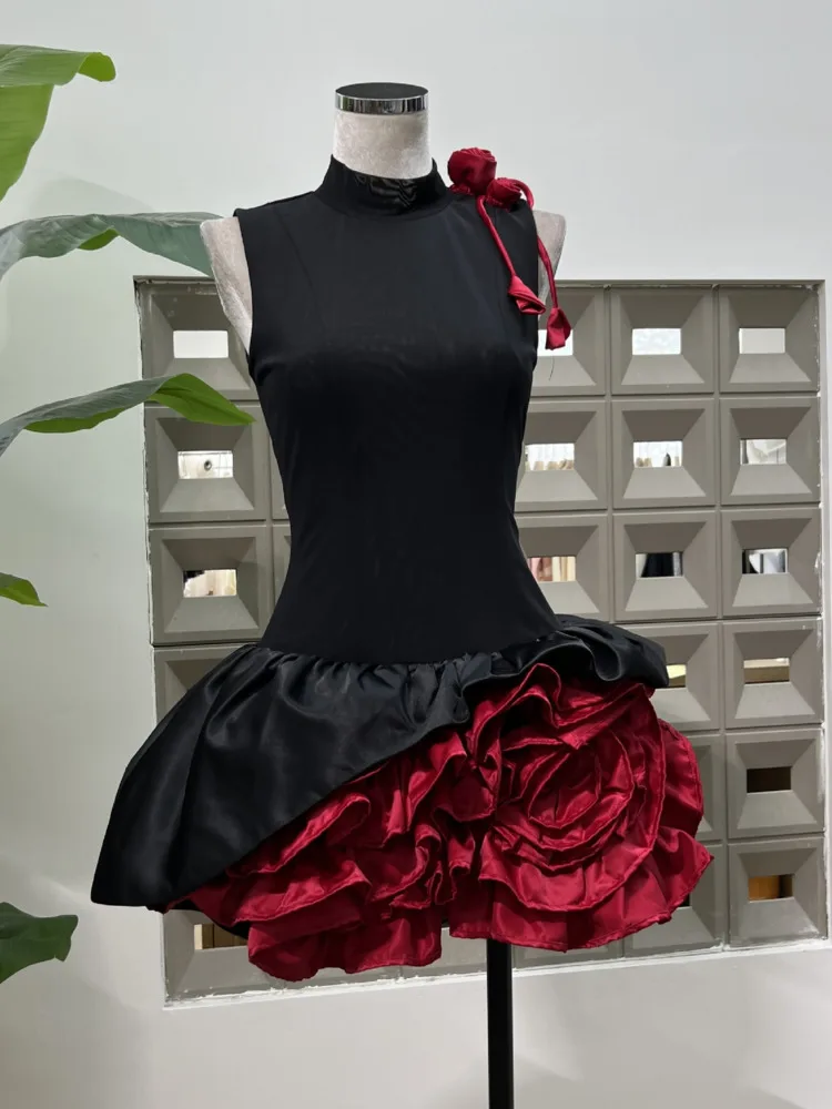 Dfdg 2025 primavera verão semi-tartaruga pescoço contraste painel em camadas vestido com floral irregular usar tecido elástico respirável