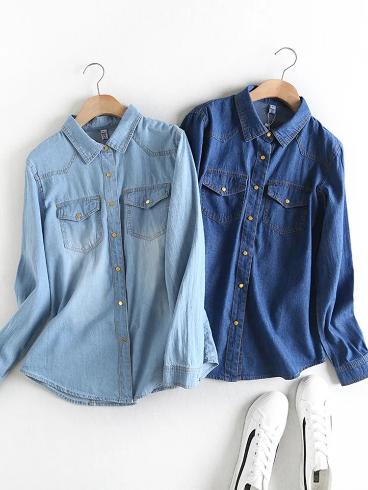 

SEDUTMO Oversize Denim Blouses Women Summer Elegant Long Sleeve Shirt Spring Casual Basic Top ED2021