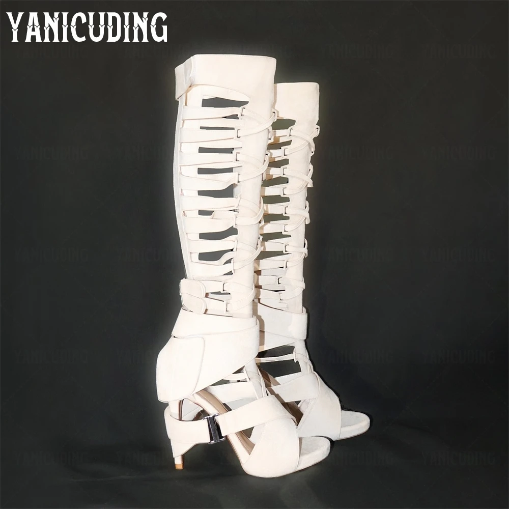 

Gladiator Knee Boots Intricate Straps Stiletto Boots Suede Cross Strap Buckle Summer Boots Designer Style Handmade Sandals Boots