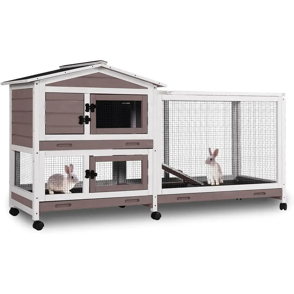 

Bunny Cage Outdoor Guinea Pig Cage with Caster Wheels, Chicken Coop with Run, 3 Pull Out Trays (Brown&White)