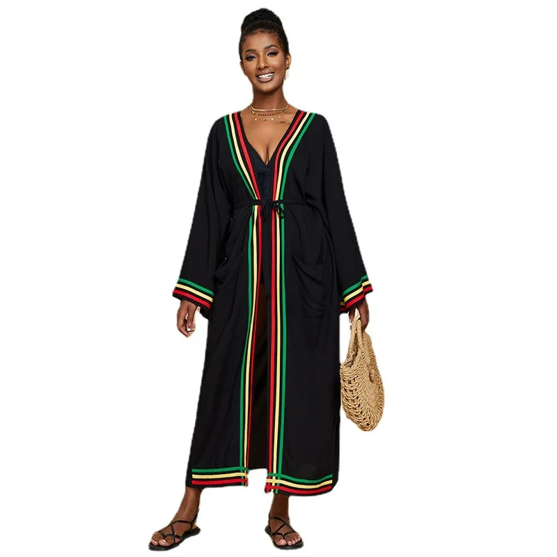 طويل قفطان عادية الأسود بيكيني التستر الخامس الرقبة الجانب سبليت شاطئ فستان صيفي ملابس النساء ملابس الشاطئ بدلة السباحة التستر