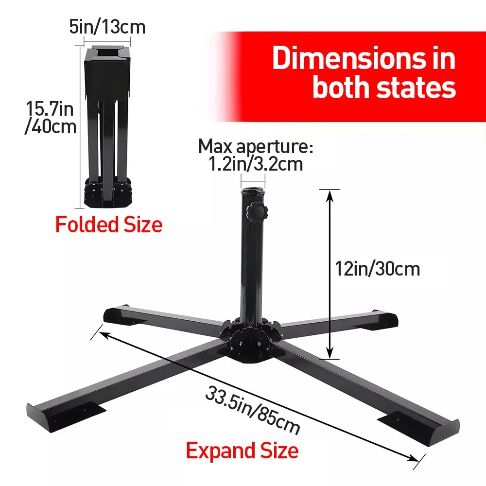 

Black Tempered Iron Foldable Stand for 6-10FT Artificial Green Pine Christmas Tree, Outdoor Parasol Base, Size 85x85x30cm,