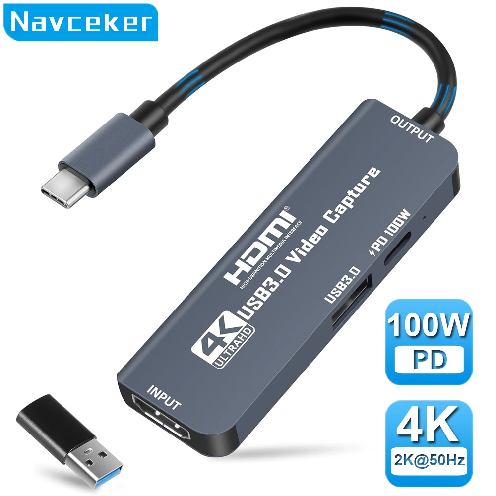 Navceker USB 3.0 Video Capture Card 4K HDMI USB C Type-C Capture Cable PD 100W for Quest 3 Switch Gaming Live Streaming Recorder