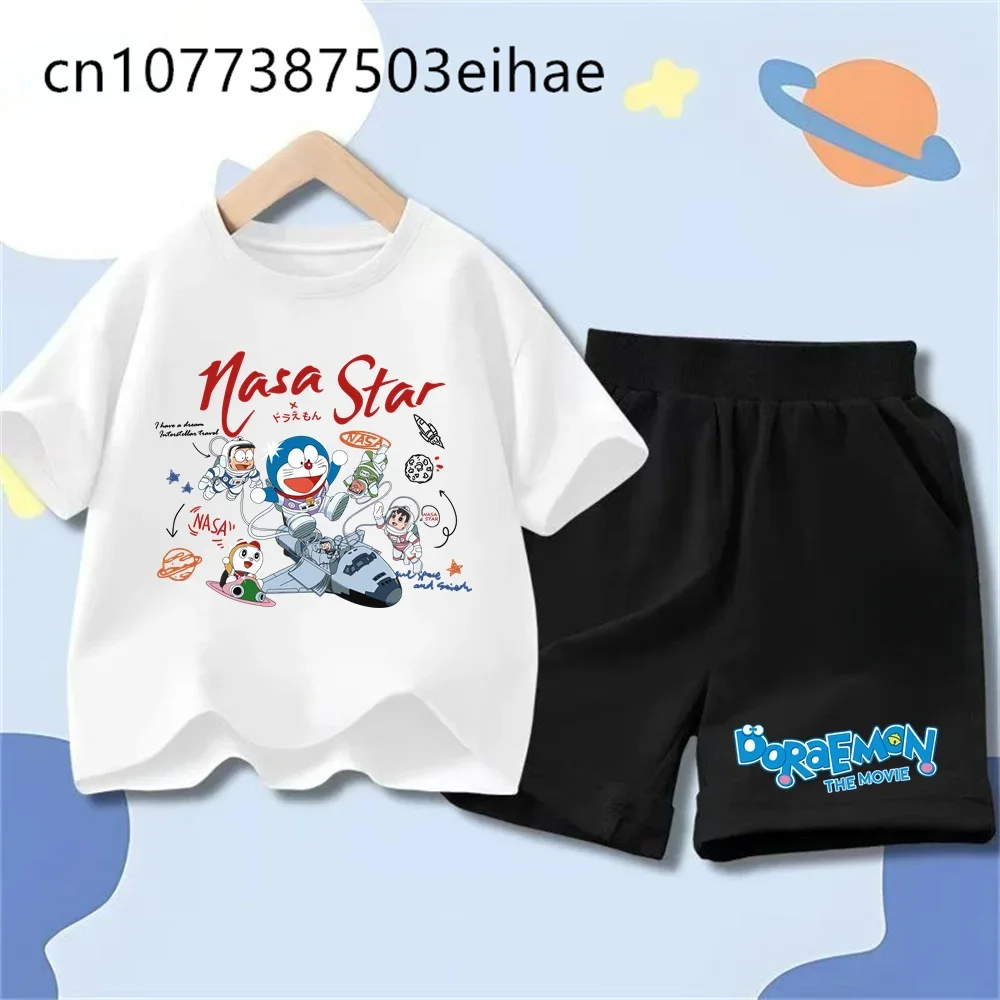Doraemon Pattern Children Summer Outfit 2-Piece Short Sleeve T Shirt Sports Shorts Comfortable Outdoor Wear Birthday Present