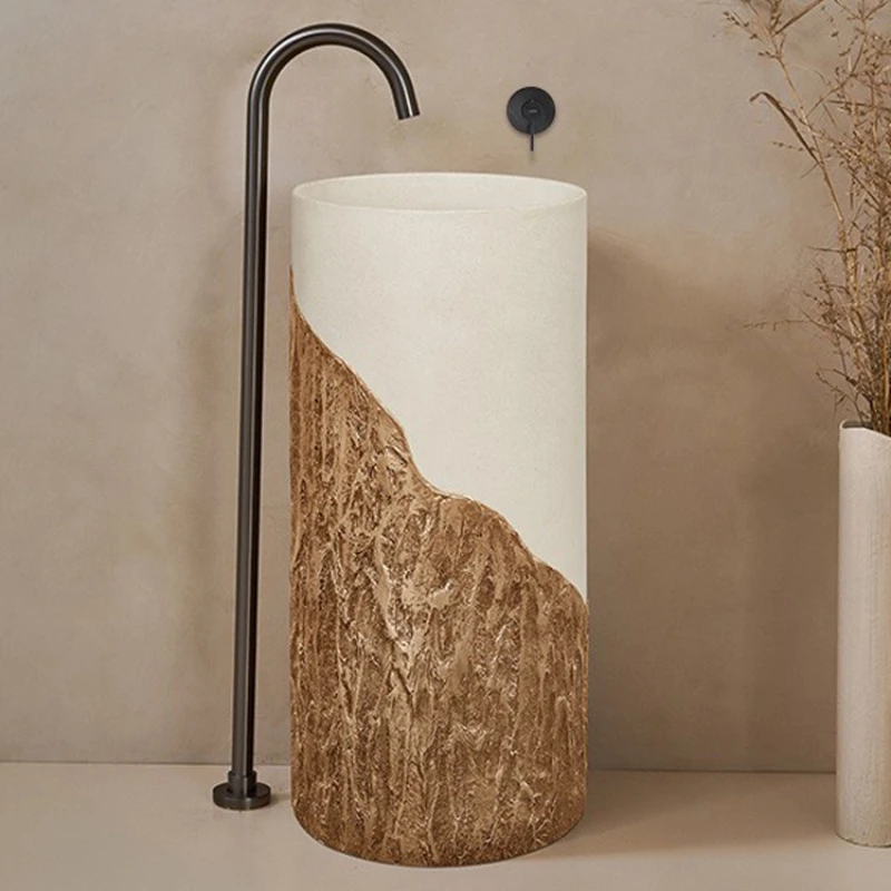 

Creative column basin, floor standing bathroom, integrated art sink, rock wood grain circular washbasin