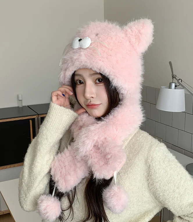 كارتون لطيف هريرة ميمي قبعة الأطفال الشتاء في الهواء الطلق أفخم سميكة هوديي أفخم وشاح دافئ قطعة واحدة قبعة فتاة هدية
