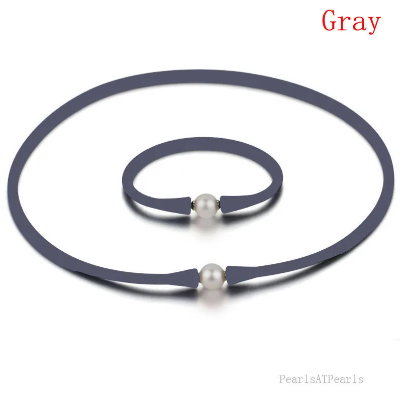 16 inches 10-11mm Natural Pearl Silver Gray Rubber Silicone Necklace & 7 inches Bracelet Jewelry Set