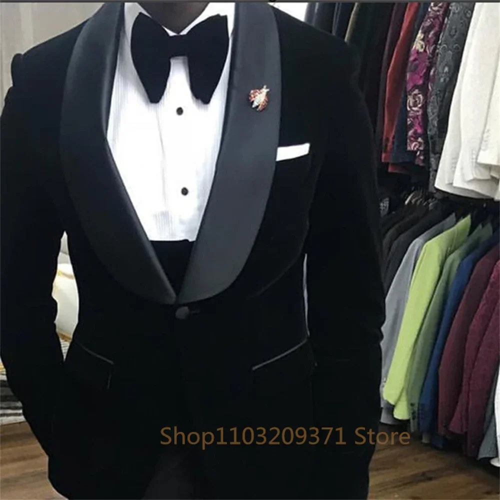 Black Velvet Wedding Tuxedo 3 Pcs African Men Suits for Prom Slim Fit Groom Male Fashion Costume Jacket Waistcoat with Pants