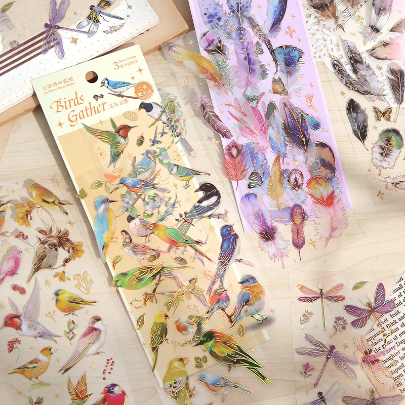 3 pcs Kawaii Stationery Feather Dragonfly Bird Jellyfish Decorative  Journal Stickers Scrapbooking Material Label Diary Planner